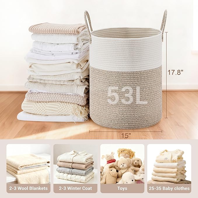 Tall Laundry Basket with Handles, 53L Portable Dirty Clothes Hamper, Boho Cotton Rope Storage Bin for Blankets Kids Toys Gifts, Decorative Organizer for Baby Nursery Bedroom Bathroom, Brown