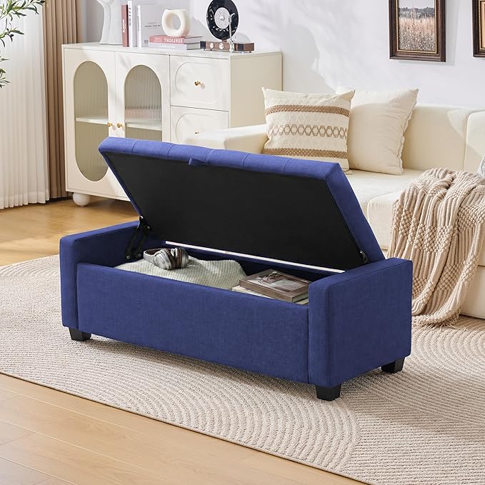 48" Ottoman with Storage, Storage Ottoman Bench with Safety Hinge, Upholstered Entryway Bench with Seating for Bedroom, Living Room, Holds up to 330 lb, Blue