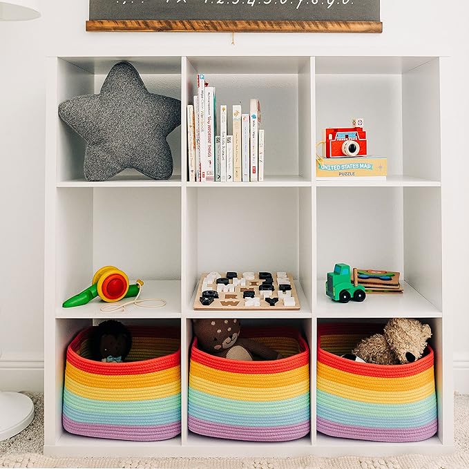 OrganiHaus Rainbow Woven Storage Baskets for Organizing, Cotton Rope Organizer Bins for Shelves, Closet & Nursery, Dog Toy Basket, Decorative Bins for Toys, Towels & Books - 15x10x9