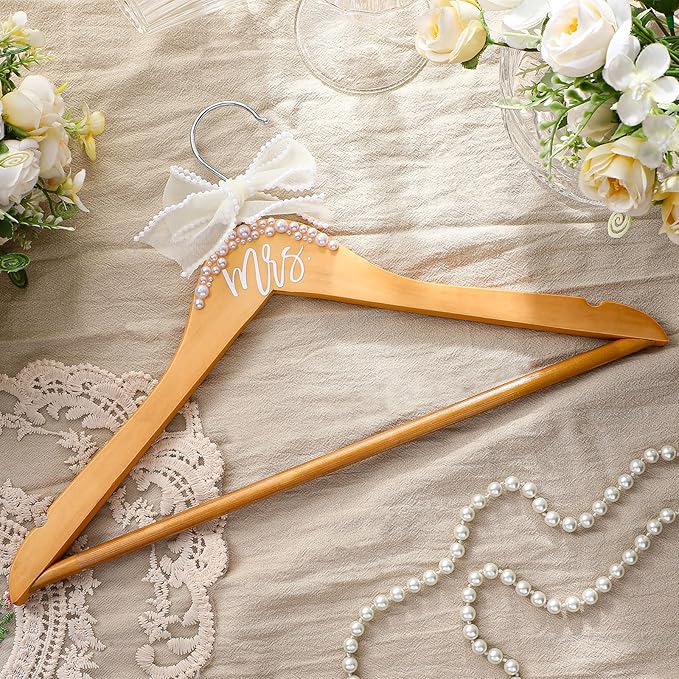 Bride Wedding Dress Pearl Mrs. Hanger with Pearl Ribbon Bow Elegant Wooden Dress Hanger to Be Ideal Keepsake for Wedding Day Gift (Wood Color,Mrs)