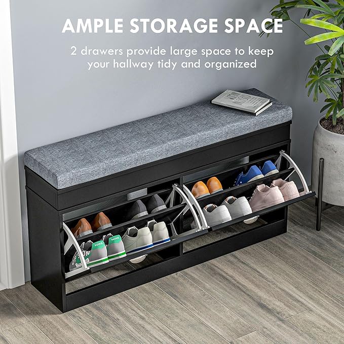 HOMCOM Modern Shoe Rack Bench for Entryway, Storage Organizer with Cushion, 2 Drawers, Adjustable Shelf, Holds 8 Pairs, Black