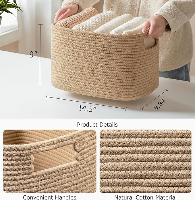 UBBCARE 2 Pack Storage Baskets for Organizing, Shelf Baskets with Handles, Woven Storage Baskets for Bookcase/Cube Shelf/Closet, 14.5"L x 9.8"W x 9"H, Brown