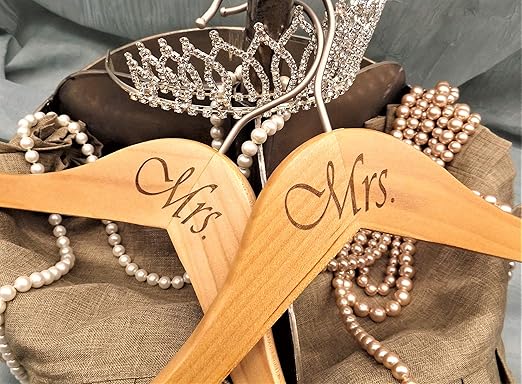 NAHANCO MRSMRS20017ENG Same Sex, LGBT, Gay Pride Hanger Set, Natural Wood Hangers Engraved with (Mrs. and Mrs.), 17” (2-Piece Set)