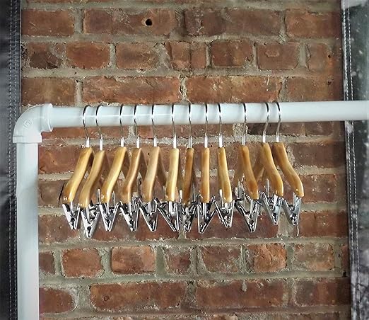 NAHANCO MINI8RC12 Deluxe Flat Wooden Pet, Doll Clothes, Accessory, Jewelry Hanger with Chrome Hook Ball end with Clips, 8", Natural (Pack of 12)