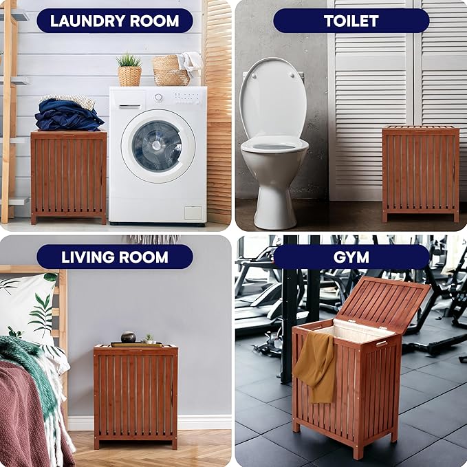 2LB Depot Bamboo Laundry Hamper - Dark Brown Organizer with Lid - Solid Wood Construction with Canvas Liner and Wooden Rods - Hand Grips for Portability - Stylish and Durable Laundry Basket -78L