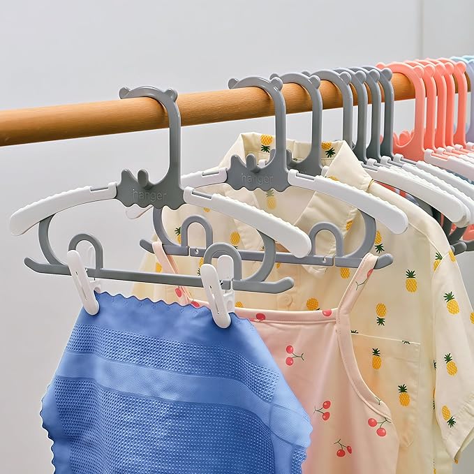 Baby Kids Clothes Hangers with Clips, 10 Pack Toddler Infant Childrens Hanger for Closet, Plastic Adjustable Stackable Hangers for Baby Clothes, Grey