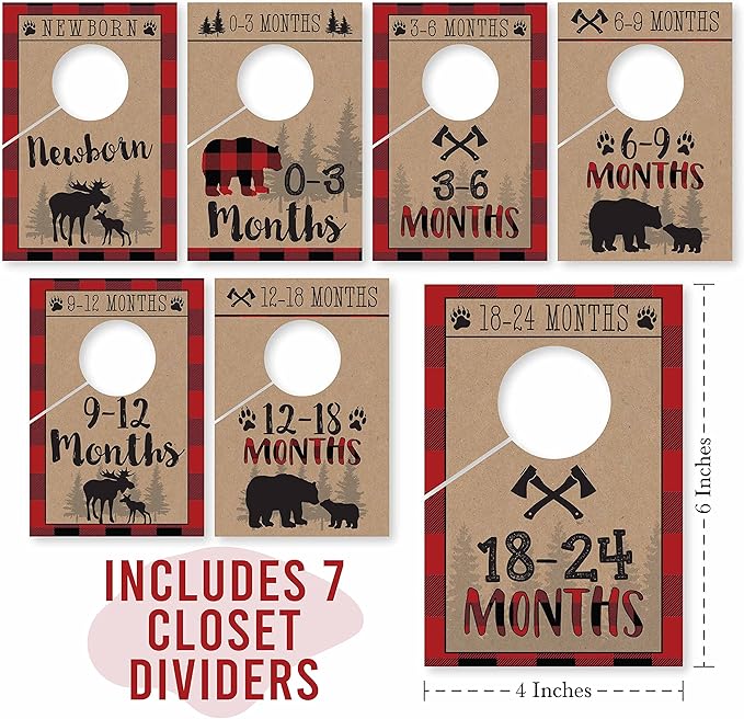 Hadley Designs 7 Lumberjack Baby Nursery Closet Organizer Dividers for Boy Clothing, Age Size Hanger Organization for Kid Toddler Infant Clothes Must Have, Shower Registry Gift, Woodland 0-24 Months