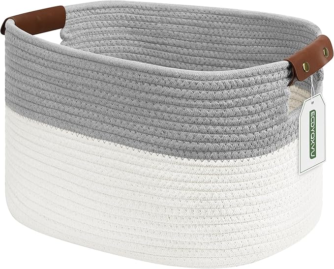 Cotton Rope Basket, Storage Baskets with Handle, 15x10x9 Inch Woven Basket for Shelves, Laundry, Towels, Clothes, Books (White/Grey 1Pack)