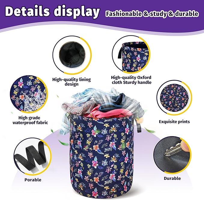Flowers Laundry Basket Foldable Oxford Cloth With Handle Portable Colorful Storage Basket Organizer Suitable For Laundry Room/Bedroom/Living Room/Children'S Room (18.9 X 16.5 Inch)