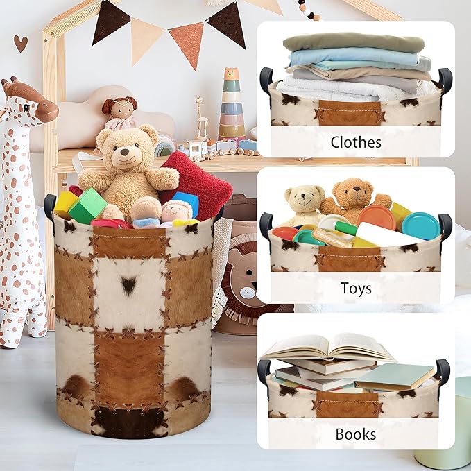 Cows Print Laundry Basket, Collapsible Waterproof Oxford Cloth Laundry Hamper, Vintage Round Kids Toys Storage Basket as Room Decor, Farmhouse Dirty Clothes Hamper for Bedroom Bathroom Dorm (Brown)