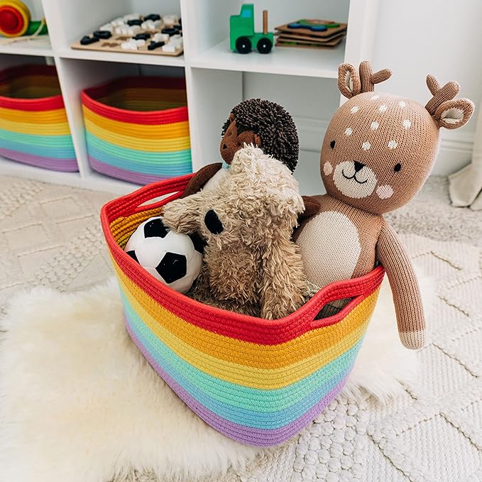OrganiHaus Set of 3 Rainbow Woven Storage Baskets for Shelves, Decorative Organizer Bins for Kids Room, Nursery & Classroom, Colorful Toy Storage Basket for Playroom Decor – 15x9x10 inches