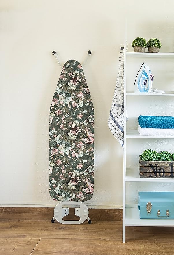 Encasa XO Ironing Board Cover and Pad - Thick 4mm Felt, Heat & Scorch-Resistant, Fits Wide Boards 49"x18", Elastic Bungee Cord Tightening, Easy Fit, Stain-Safe Dye, Green Roses