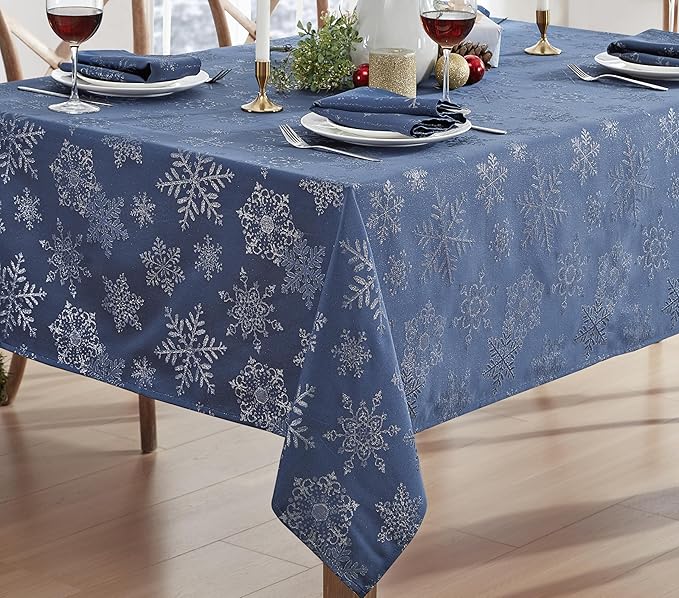 Newbridge Fancy Metallic Snowflake Christmas Fabric Tablecloth, 60 x 102 Inch Rectangle, Navy Silver, No-Iron Soil Resistant Sparkling Snowflakes Woven Holiday Table Cover