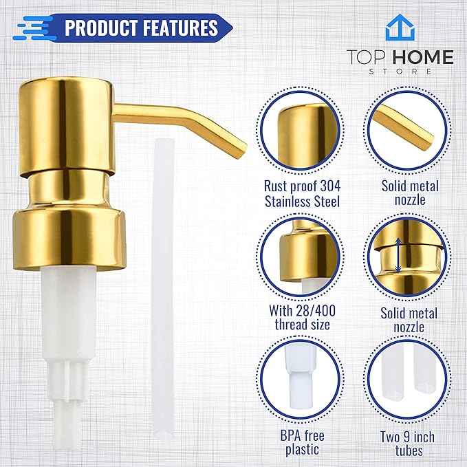 Stainless Steel Soap and Lotion Dispenser Pumps, Replacement for Your Bottles (Gold, 2 Pack)