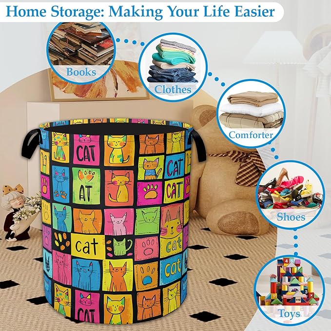 Cute Colorful Cat Laundry Basket Collapsible Laundry Hamper, Oxford Cloth Storage Bin for Room/Bathroom/Bedroom/Dormitories 16" X 20.8"