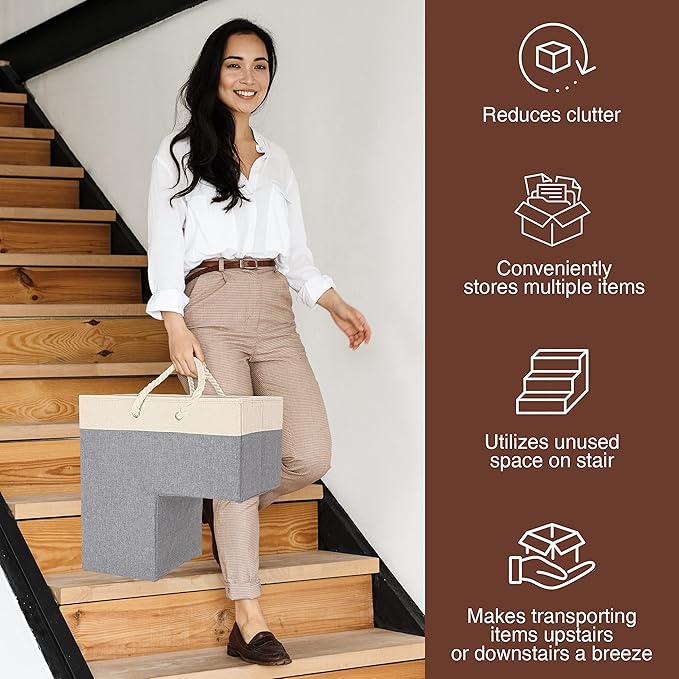 SAM AND MABEL Stairway Storage Basket, Premium Linen Material, Lightweight and Sturdy, Foldable, 16" L x 10" W x 16" H, Lite Cream and Gray (Pack of 2)