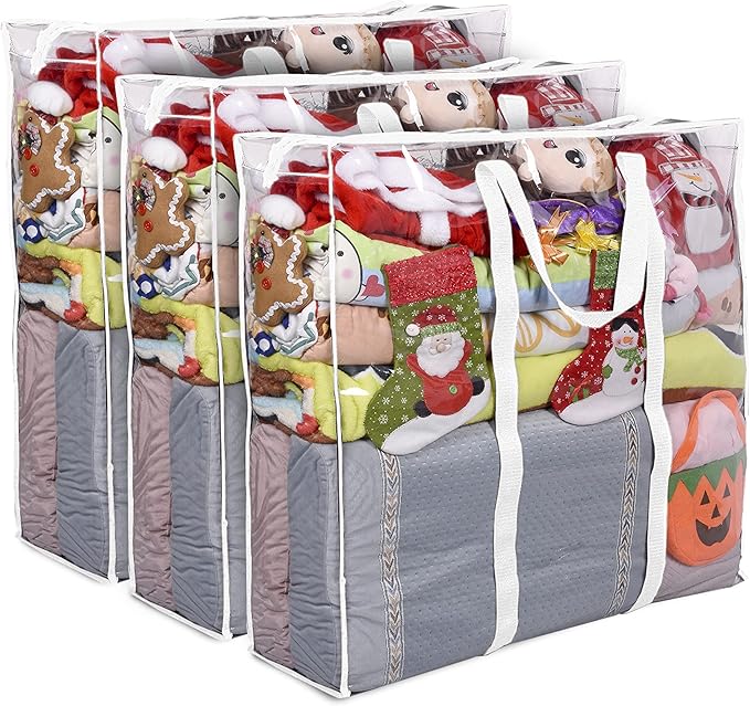ProPik Clear Storage Bag Gift Wrap Clothes Organizer Big Zippered Christmas Decorations Storage Vinyl Bag for Under Bed Moving Bedding Linen Pillow Blanket Cloth Bag Reinforced Handles (White, 3)