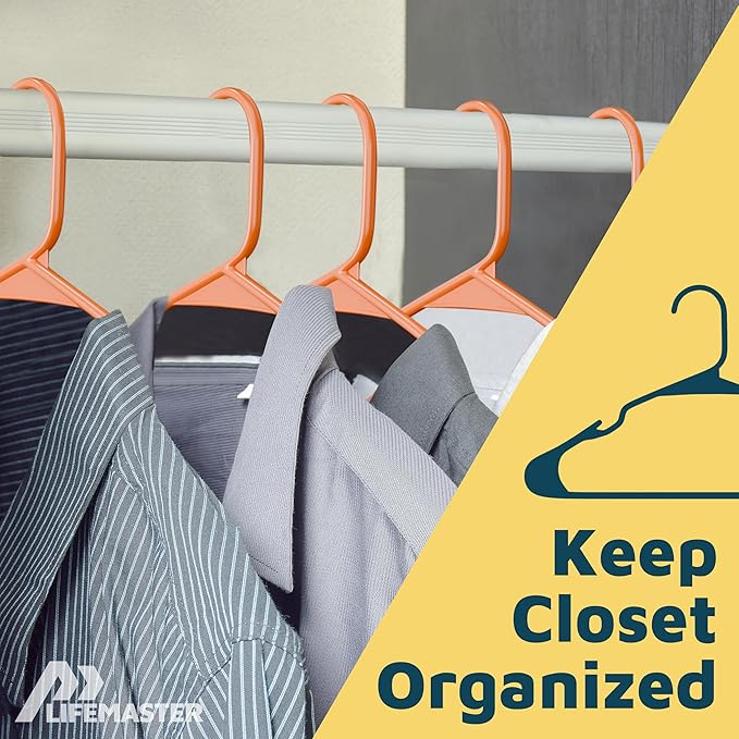 Lifemaster Plastic Clothes Hangers – Heavy Duty Hanger Set, for Organizing Clothes, Dresses, and Coat, Holds Up to 5 lbs, Space-Saving Hangers with Non-Slip Shoulder Grooves, Pack of 20, Orange