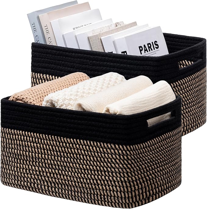 UBBCARE 2 Pack Storage Baskets for Shelves, Baskets for Organizing, Cube Shelf Storage Bin with Handles, Woven Storage Basket, 13"L x 9"W x 7.5"H, Black&Brown
