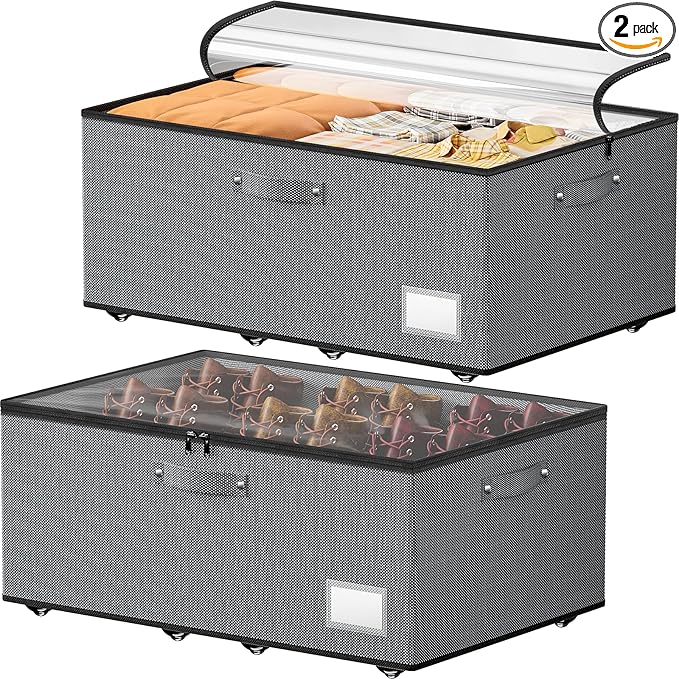Dayacoco Underbed Storage with Wheels, 2 Pack Under Bed Storage Containers with Clear Lids, No Assembly Required 10.1 inch Rolling Under Bed Storage for Clothes, Grey