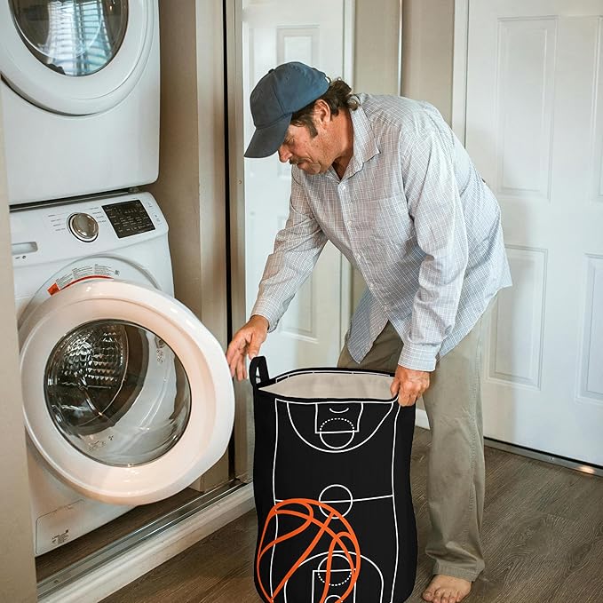 Basketball Boys Laundry Basket with Lining Kids Round Black Basketball Laundry Hamper Clothes Storage Bin Basket Organizer for Boy Room Decor