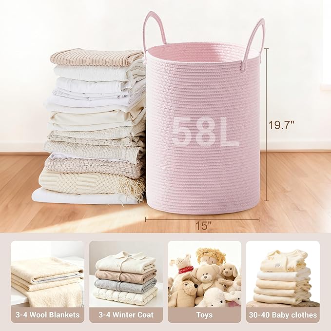 Girls' Tall Laundry Basket with Handles, 58L Portable Dirty Clothes Hamper, Boho Cotton Rope Storage Bin for Blankets Kids Toys Gifts, Decorative Organizer for Nursery Bedroom Bathroom, Pink