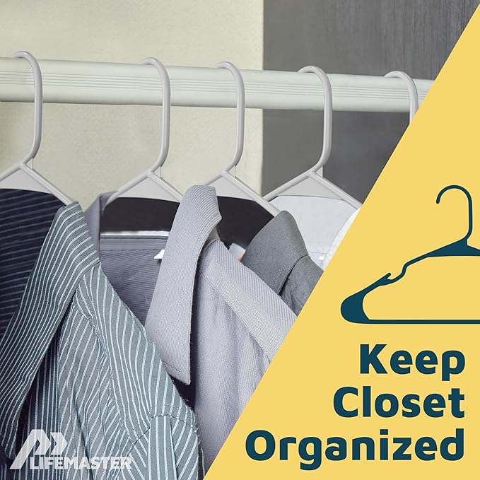 Lifemaster Plastic Clothes Hangers – Heavy Duty Hanger Set, for Organizing Clothes, Dresses, and Coat, Holds Up to 5 lbs, Space-Saving Hangers with Non-Slip Shoulder Grooves, Pack of 20, Gray