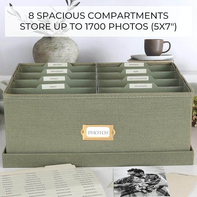 ZICOTO Decorative Photo Storage Box - Sturdy Linen Photo Organizer with Dividers is Perfect to Store Up to 1700 Pictures and 5x7 Photos - Portable Scrapbook Storage Containers with Lid