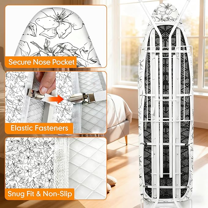 Ironing Board Cover and Pad, 15x54 Standard Size Thick Iron Padding, Scorch & Stain Resistant Ironing board cover, Heavy Duty Iron Board Padded with Adjustable Fasteners Elastic Edge, Floral White