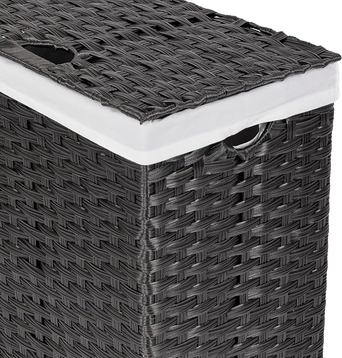 Seville Classics Premium Handwoven Portable Laundry Bin Basket with Carrying Handles, Household Storage for Clothes, Linens, Sheets, Black, Rectangular Hamper