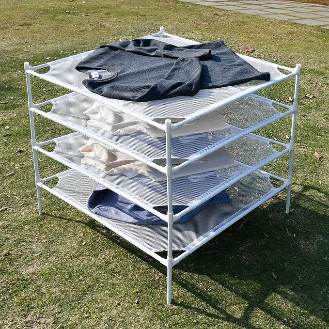 Sweater Drying Rack Flat, Metal Tube Mesh Clothes Drying Rack for Laundry with Rubber Feet, Stackable Laundry Clothing Dryer Rack for Art, Clothes, Indoor & Outdoor, White, 4-Layer