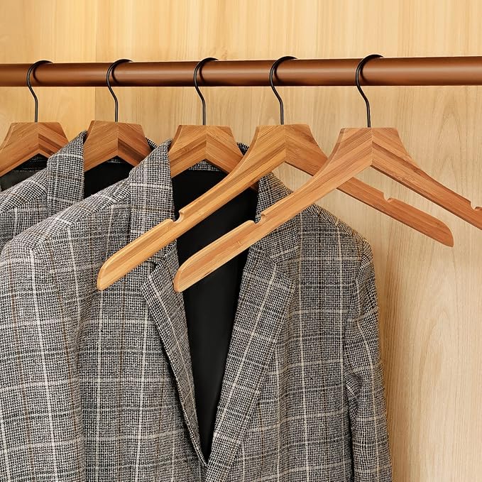 TOPIA HANGER Bamboo Wooden Hangers, Clothes Hangers with Rotatable Black Hook and Smooth Cut Nothces, Set of 20 Durable and Slim Wood Hangers for Coats, Suits, Jackets, Sweaters, Dresses - CTS08