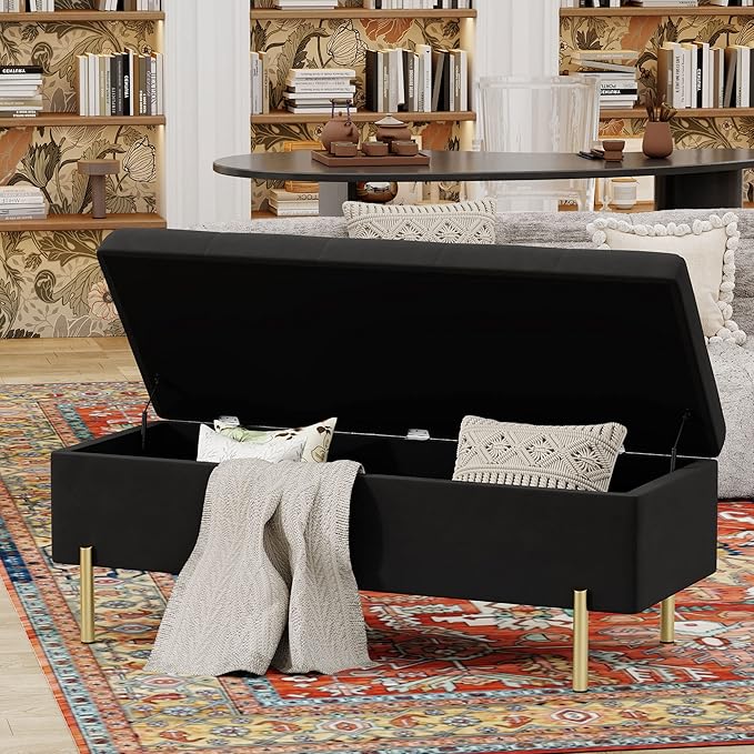 Andeworld Velvet Storage Bench, Modern Bedroom Bench, Upholstered Tufted Large Settee Ottoman with Storage Bench for Bedroom,Living Room,Entryway,Black