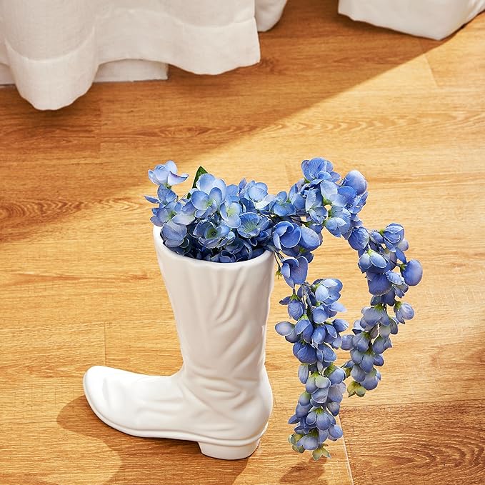 Denique White Ceramic Cowboy Boot Vase, Unique Boot Shaped Flower Vase for Home Decor, Modern Farmhouse Decorative Vase for Living Room, Bedroom, Office, Table Centerpiece, Gift for Women