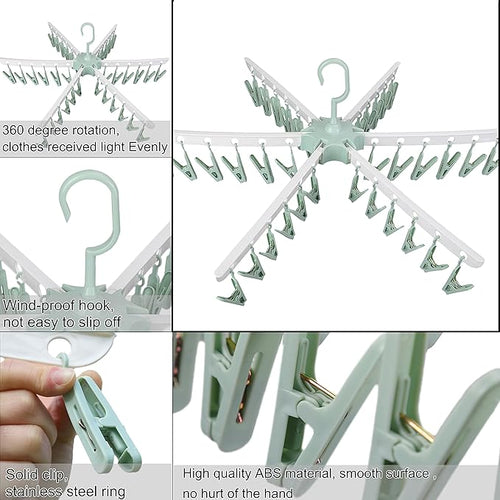 Swivel Hook Plastic 36 Pegs Drying Rack Clothes Hanger for Underwear Socks Gloves (Green) (Green)