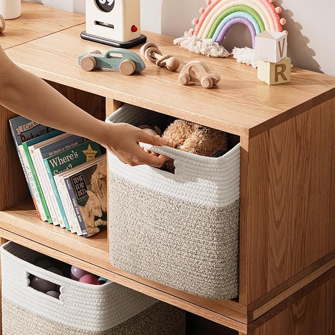 UBBCARE Set of 4 Storage Basket-12 X 12 X 12 in, Cotton Rope Basket for Shelves, Toys, Book, Cube Storage Bins with Handles, Woven Storage Basket for Organizing, White Brown