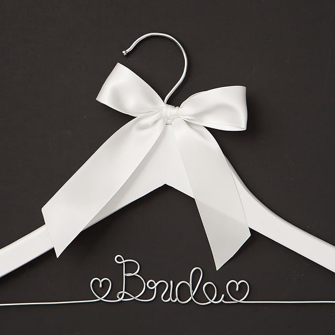 Ella Celebration Bride to Be Wedding Dress Hanger Wooden and Wire Bridal Hangers for Brides (White with Silver Wire)