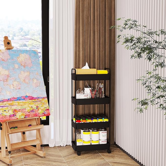 Buzowruil Rolling Storage Cart 4 Tier Organizer Mobile Shelving Unit Storage Rolling Utility Cart with Wheels for Kitchen Bathroom Laundry,Black