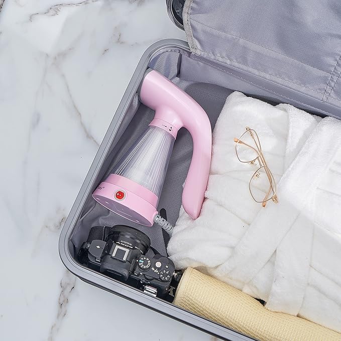 True & Tidy Complete Garment Care Compact Travel Clothes Steamer and XL Over the Door Protective Iron and Steam Press Pad Set (Pink)