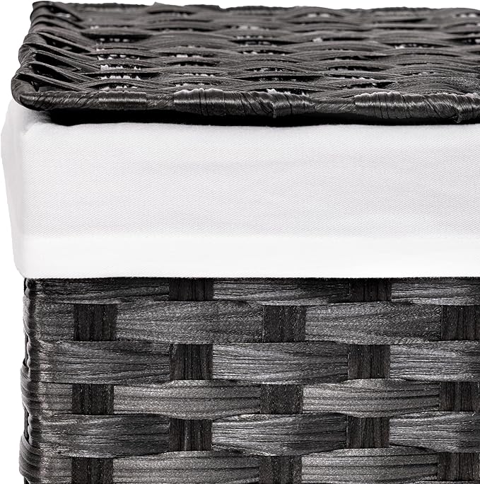 Seville Classics Premium Handwoven Portable Laundry Bin Basket with Carrying Handles, Household Storage for Clothes, Linens, Sheets, Black, Rectangular Hamper