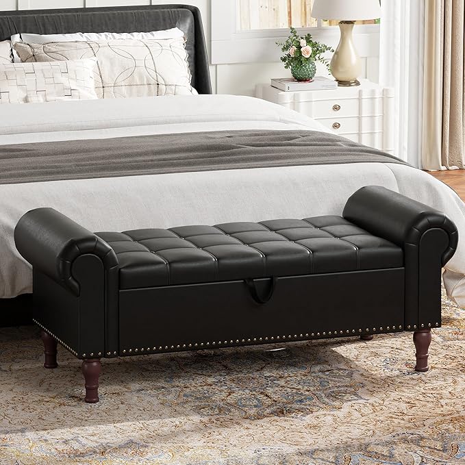 YOUDENOVA 51” Storage Bench with Rolled Arms, Upholstered Bed Bench with Vintage Rivets, PU Leather Bench for Bedroom End of Bed, Living Room, Entryway, Black