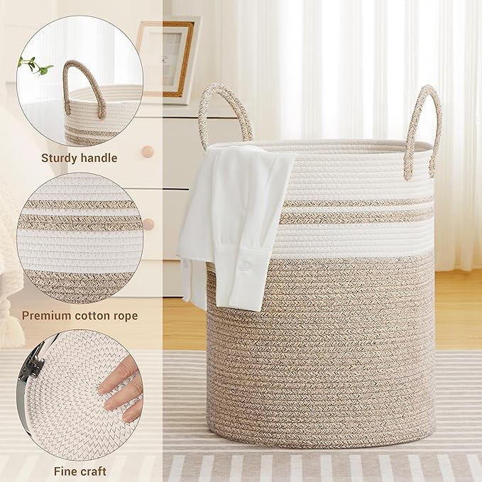 Tall Laundry Basket with Handles, 88L Portable Dirty Clothes Hamper, Boho Cotton Rope Storage Bin for Blankets Kids Toys Gifts, Large Organizer for Baby Nursery Bedroom Bathroom, New Brown