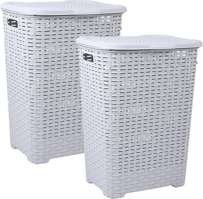 Plastic Laundry Hamper with Lid Laundry Hamper Basket, White Smoke 2 Pack Tall Cloths Hamper Organizer with Cut-out Handles. Space Saving for Laundry Room Bedroom Bathroom, Wicker Design 60 Liter