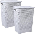 Plastic Laundry Hamper with Lid Laundry Hamper Basket, White Smoke 2 Pack Tall Cloths Hamper Organizer with Cut-out Handles. Space Saving for Laundry Room Bedroom Bathroom, Wicker Design 60 Liter