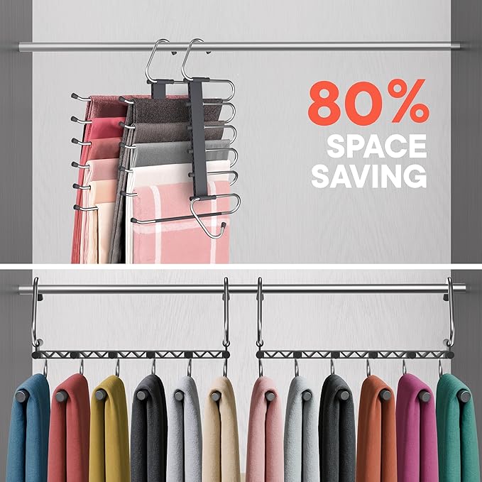 Space Saving Pants Hangers 1 Pack, 6 Layer Jeans Hangers and Closet Organizer for Jeans, Scarves, & Skirts, Multi-Layer Hanger with Anti-Slip Stopper, Heavy-Duty S-Type Stainless Steel, Gray