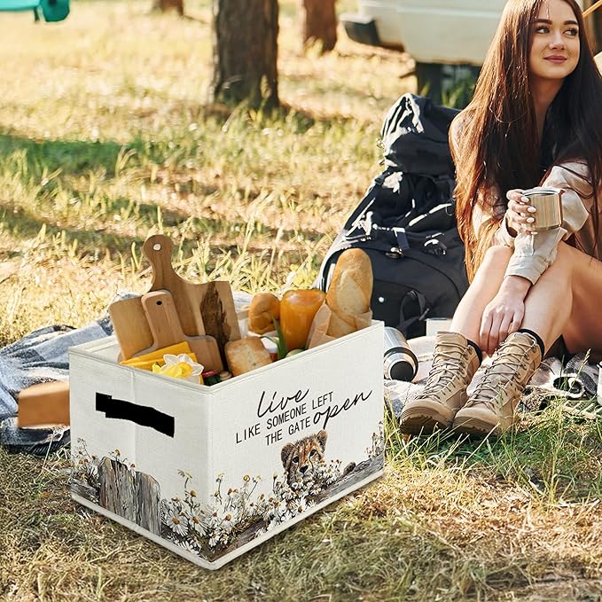 Rustic Cheetah Storage Bins & Boxes with Handles, Farmhouse Leopard Foldable Basket for Organizing, Live Like Someone Left the Gate Open Collapsible Storage Basket for Bedroom Bathroom Clothes