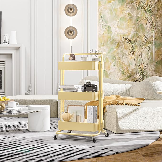 3-Tier Metal Rolling Cart with Wheels, Utility Storage Cart, Multifunctional Organizer Storage for Kitchen, Bedroom, Office, Laundry Room, Dorm Room Essentials (Cream Yellow)