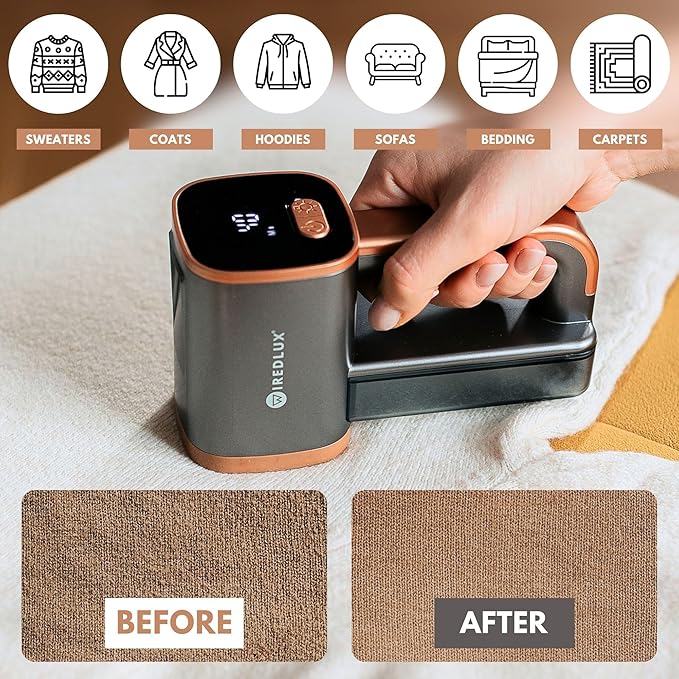 Electric Lint Remover - Rechargeable Fabric Shaver for Clothes & Couch - Adjustable 3-Speed, 6-Leaf Blade, LED Light, USB Charging - Depiller with Dual Protection (Graphite Grey/Copper)