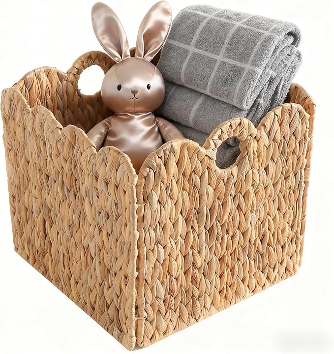 Scalloped Wicker Storage Cubes Basket, Heavy Duty Paper rope/Hyacinth/Seagrass Baskets for Shelves, Foldable Natural Boho Square Bins (Water Hyacinth, 10.5 x 10.5 x 10.5in, 4-Pack)