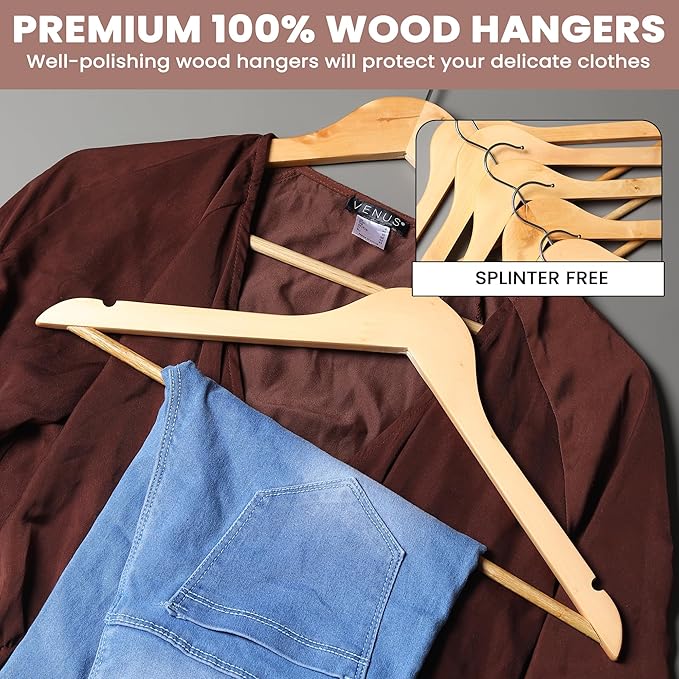 Wooden Hangers Premium Natural Bamboo Wood Hanger Well Polished Ergonomic Design & Sharply Cut Notches with Swivel Hook (Light Brown, Pack of 20)